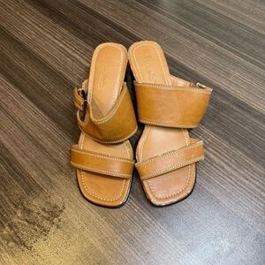 FIONI Clothing | Tan Slide Sandals Faux Leather with heels and buckle